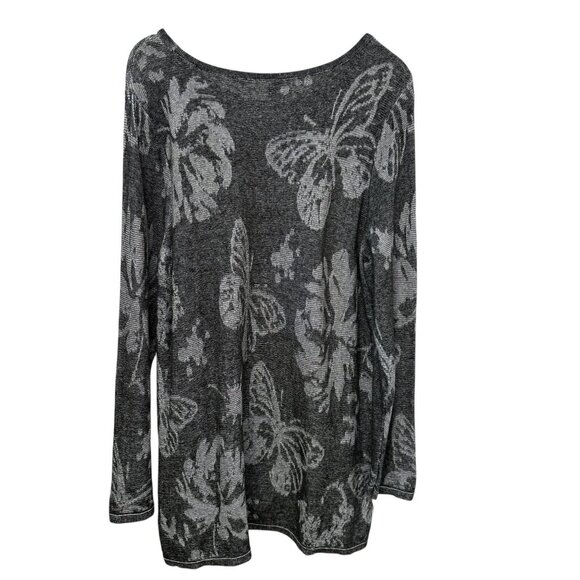 CHICO'S Weekend Womens Sweater XL Gray Butterfly Floral Cotton Knit Pullover - Picture 3 of 6